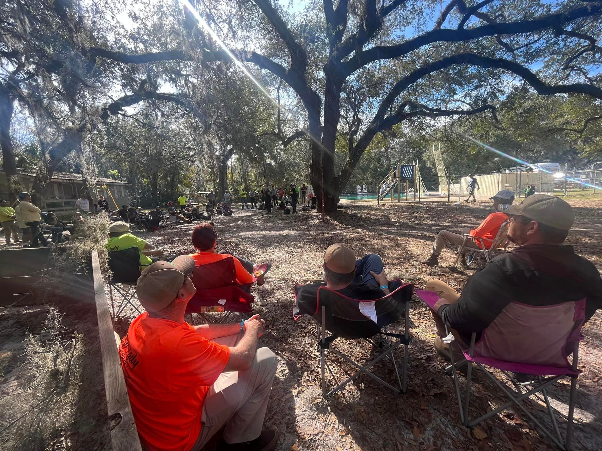 People seated in chairs under a large tree, watching others in a clearing; sunny outdoor setting.