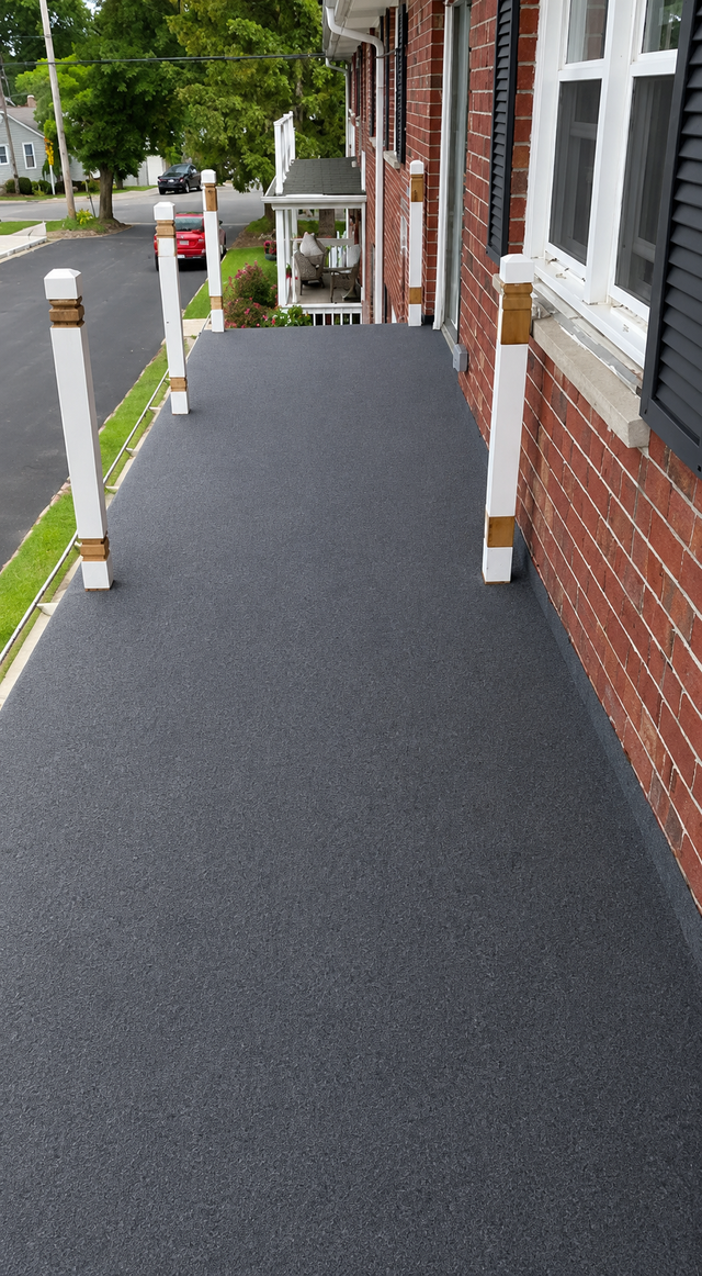 Fresh black asphalt walkway beside a brick house, lined with white posts and red caps.