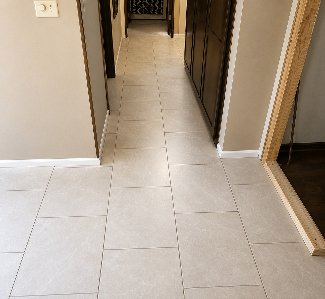Narrow tiled hallway with beige walls and dark doorways on both sides