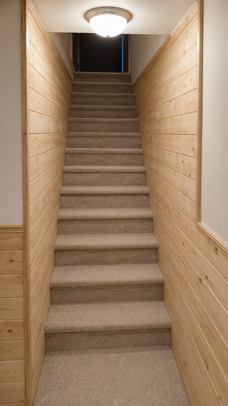 Narrow carpeted stairway with wood-paneled walls and a ceiling light at the top.