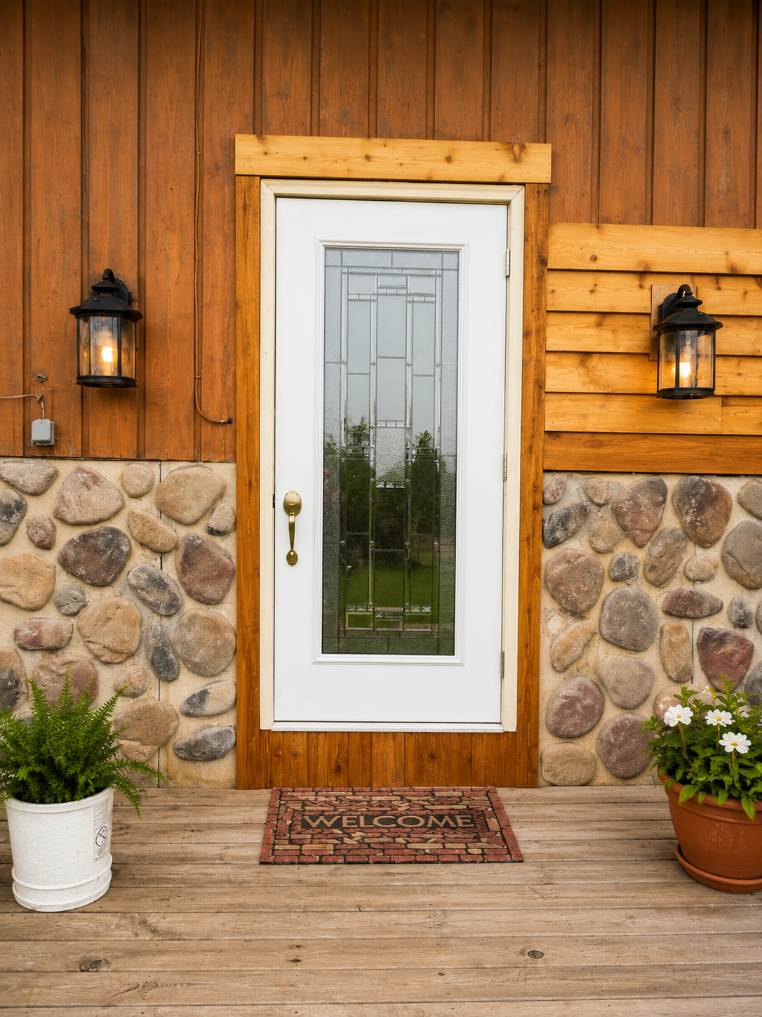 White front door with glass panel on a wood and stone house, flanked by lanterns and potted plants.