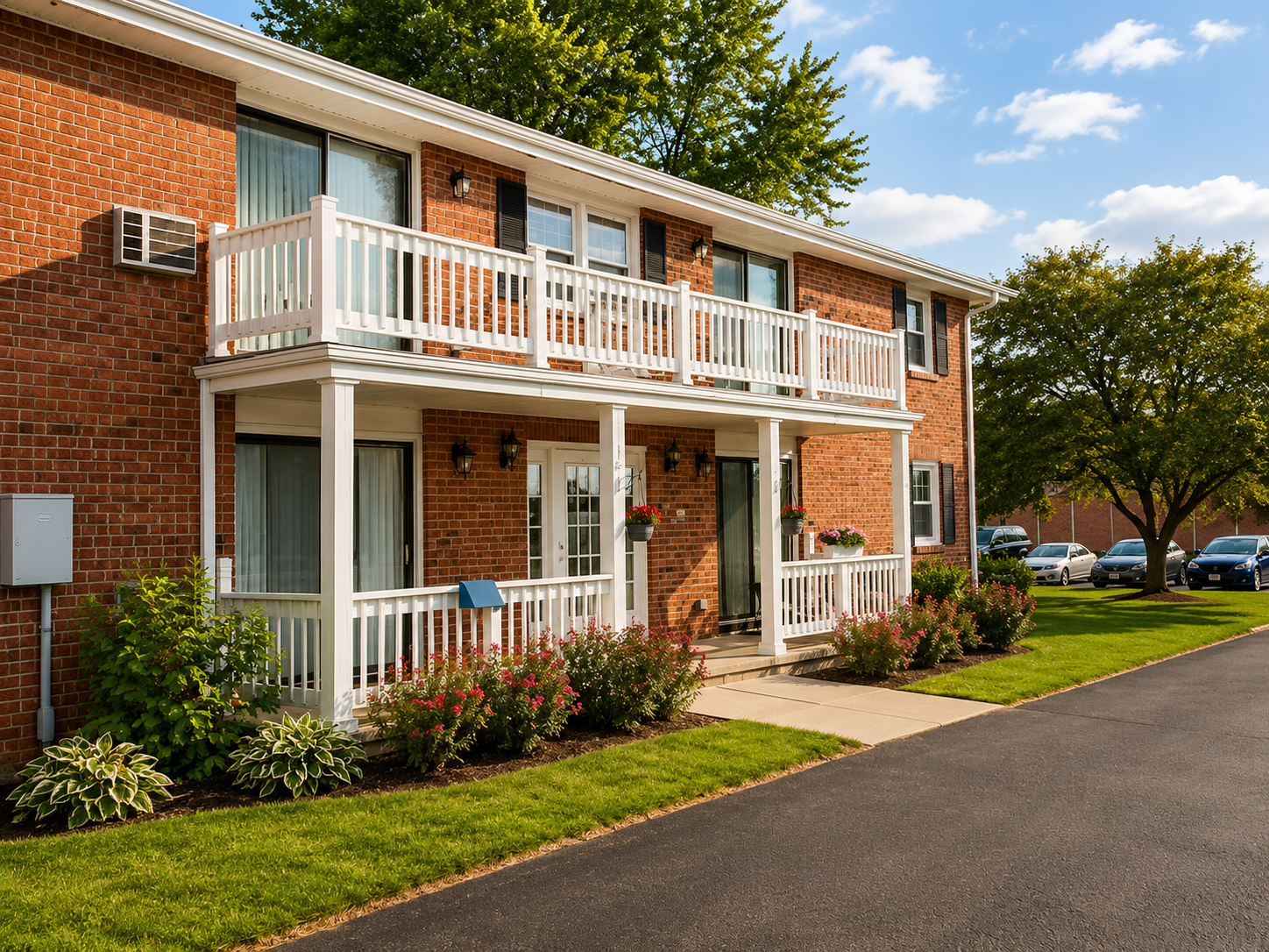 Two-story brick apartment building with white balconies and a small landscaped lawn