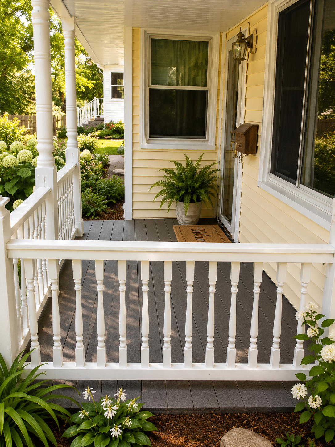 Front porch with white railing, potted plants, and a beige house exterior in warm sunlight