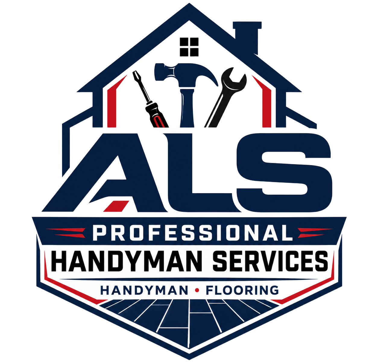 ALS Professional Handyman Services logo with house outline, tools, and red, navy, and gray accents