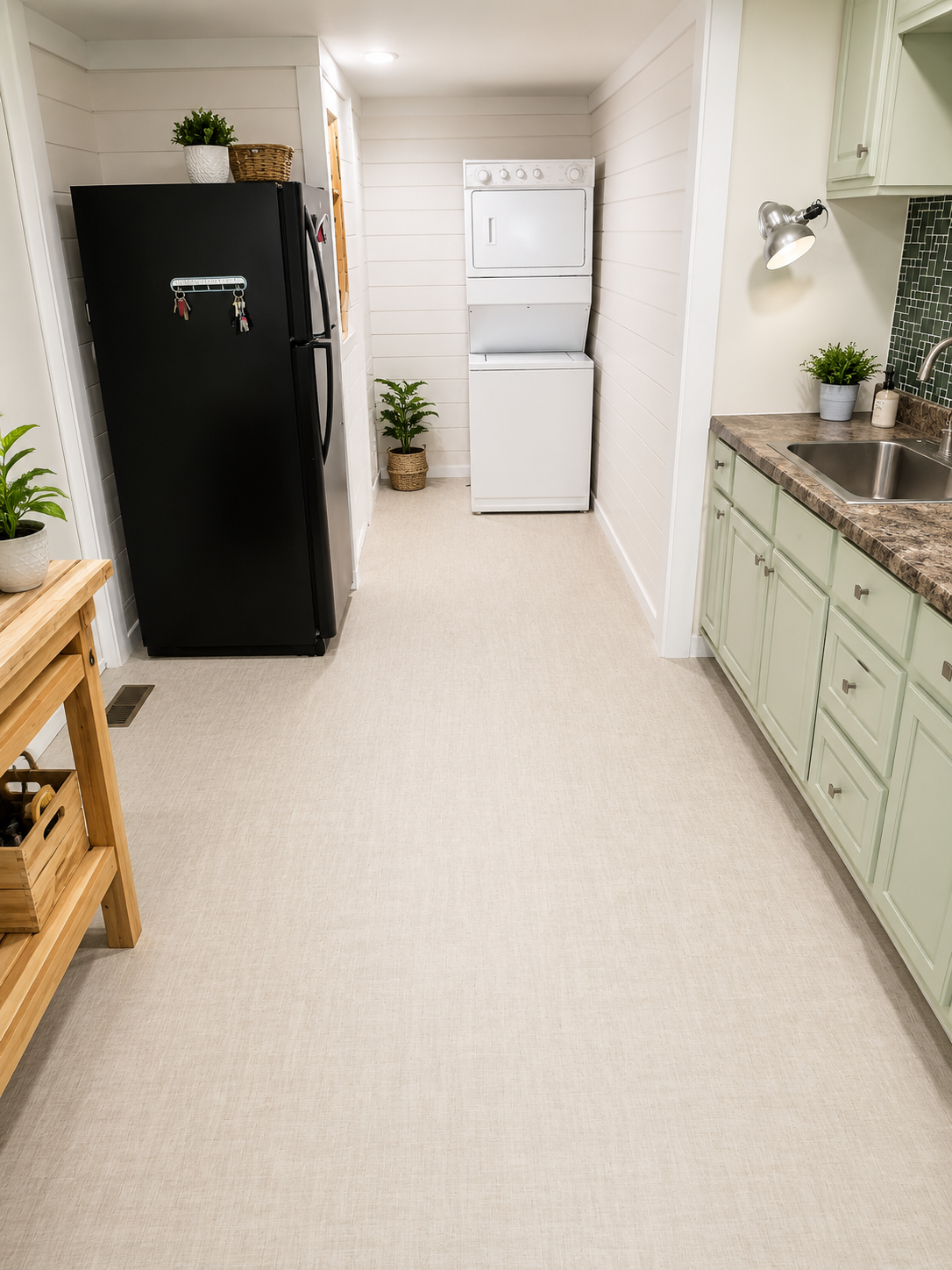 Narrow laundry room with stacked washer-dryer, black fridge, green cabinets, and beige carpet.