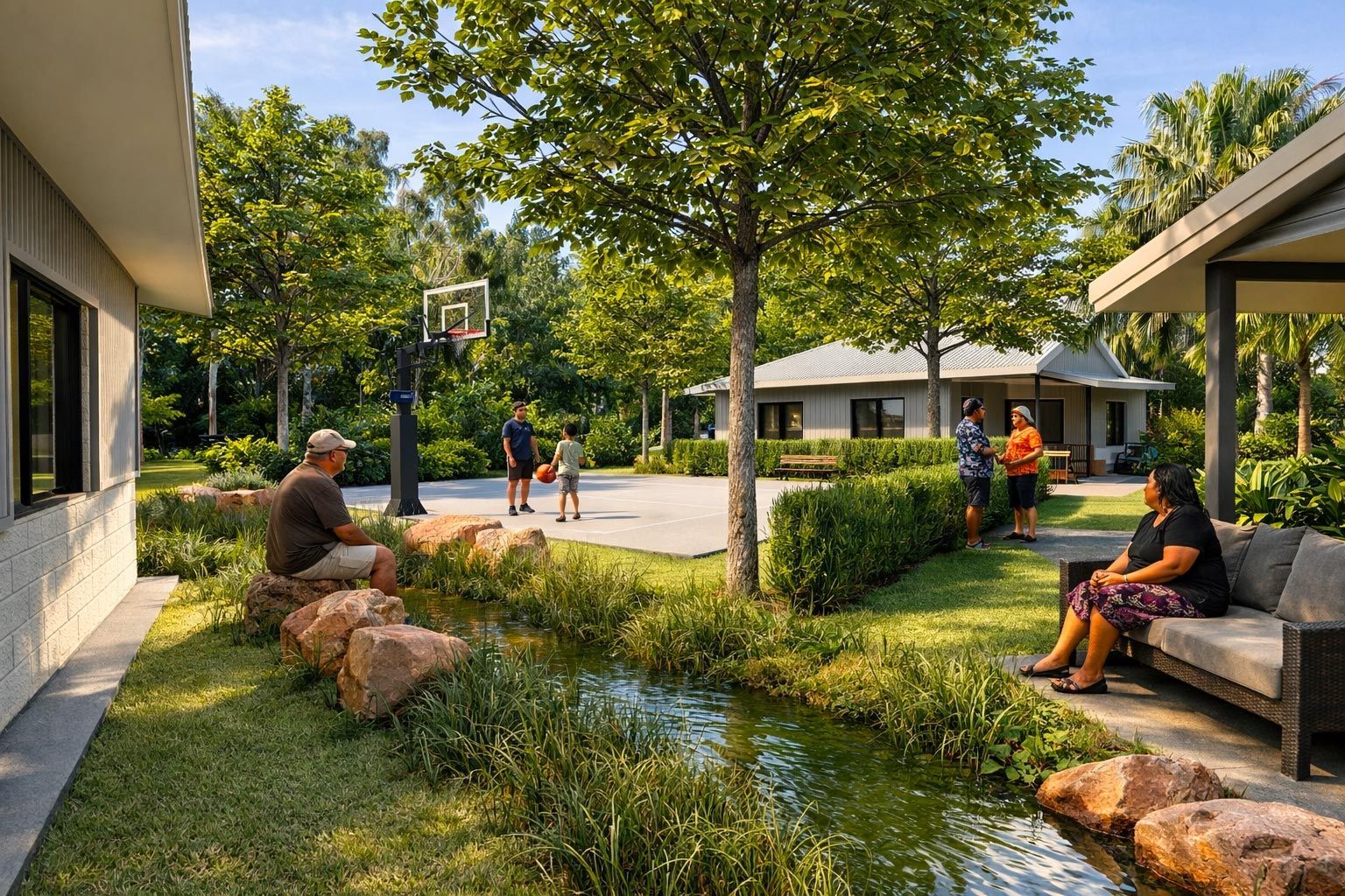 People relax near a landscaped stream and basketball court in a modern residential outdoor setting.