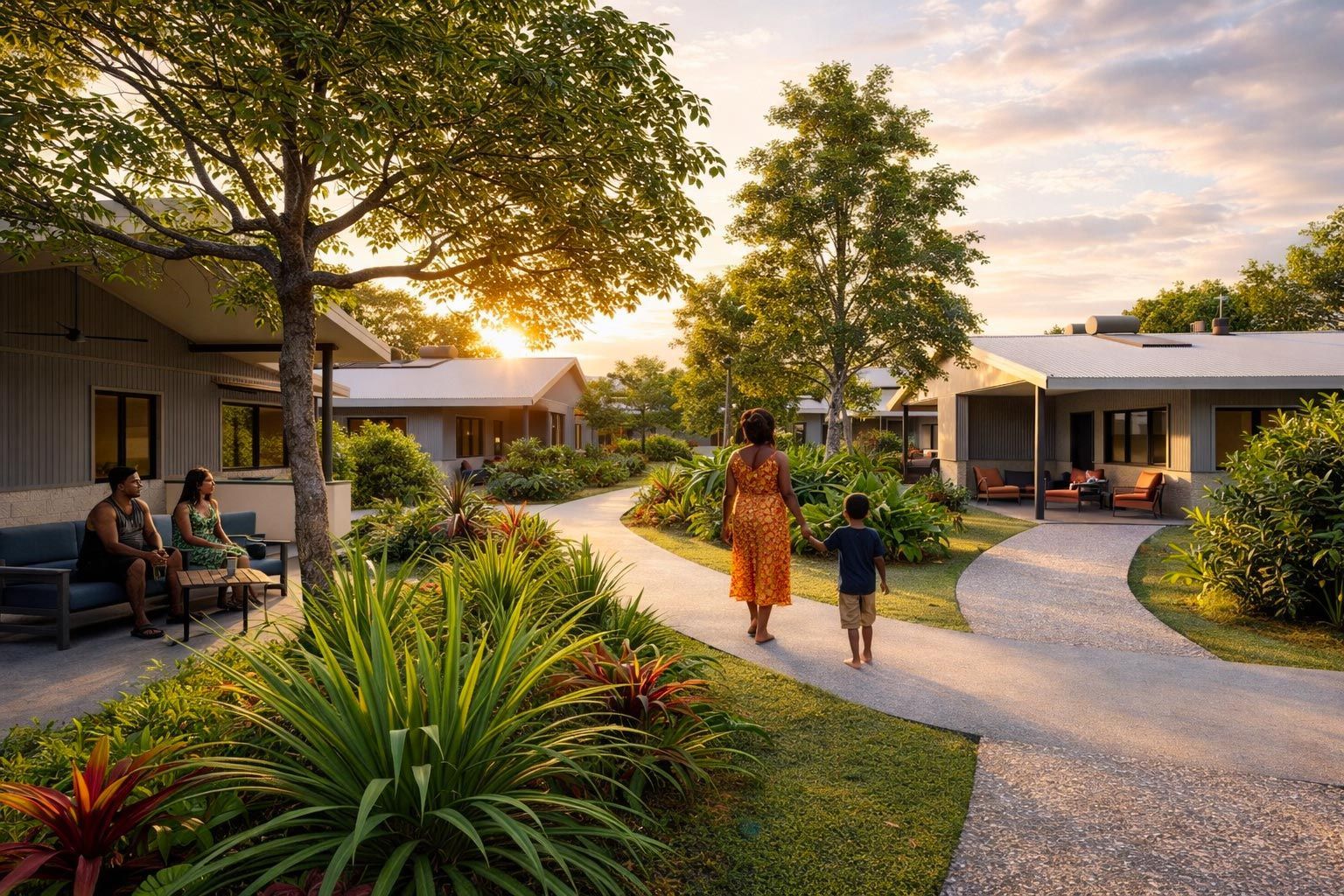 A pathway winds through a sunny courtyard between modern residential buildings, with people walking and sitting nearby.