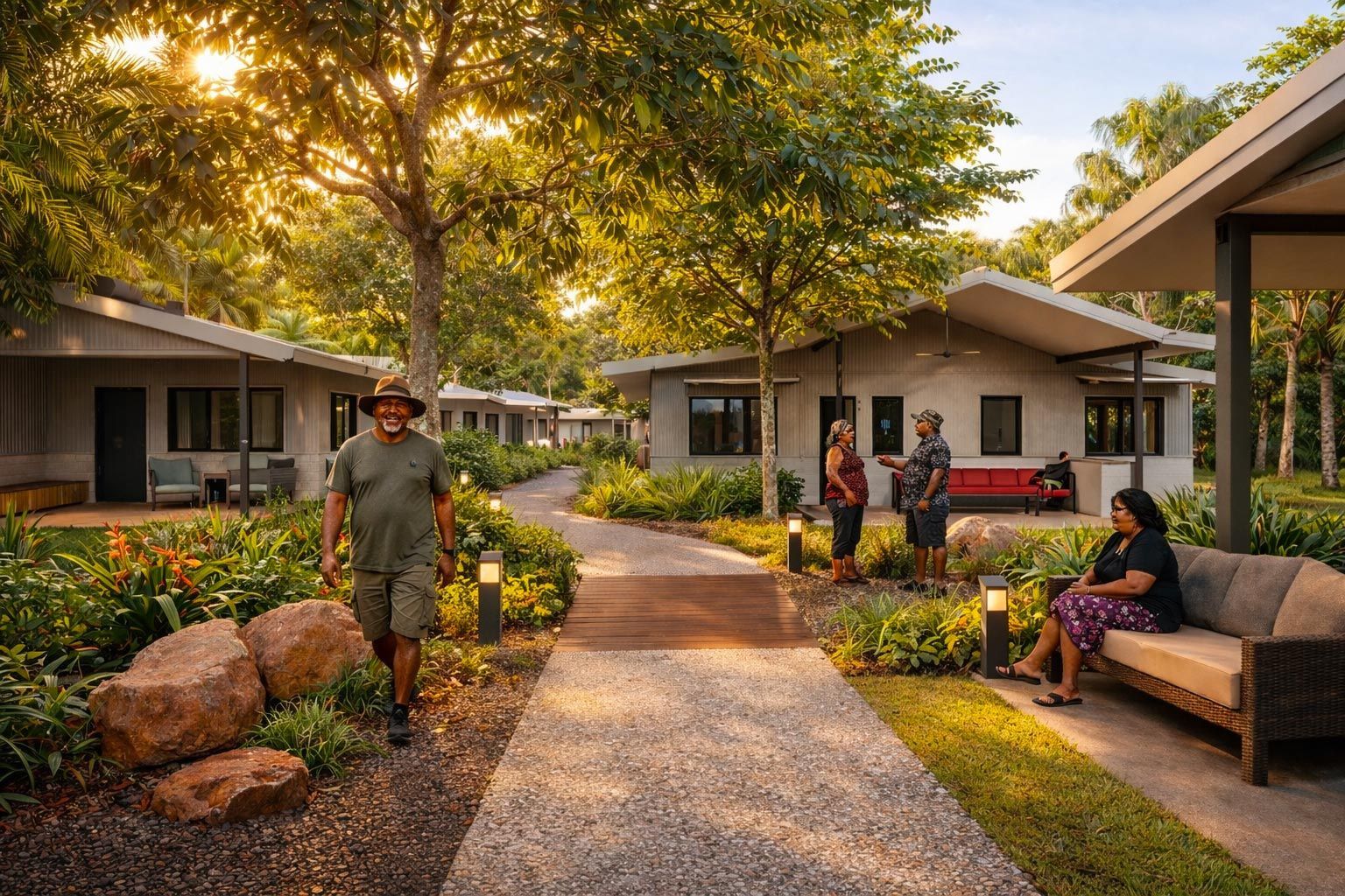 People relax in a sunny, landscaped resort with modern cottages, a gravel path, and garden seating.