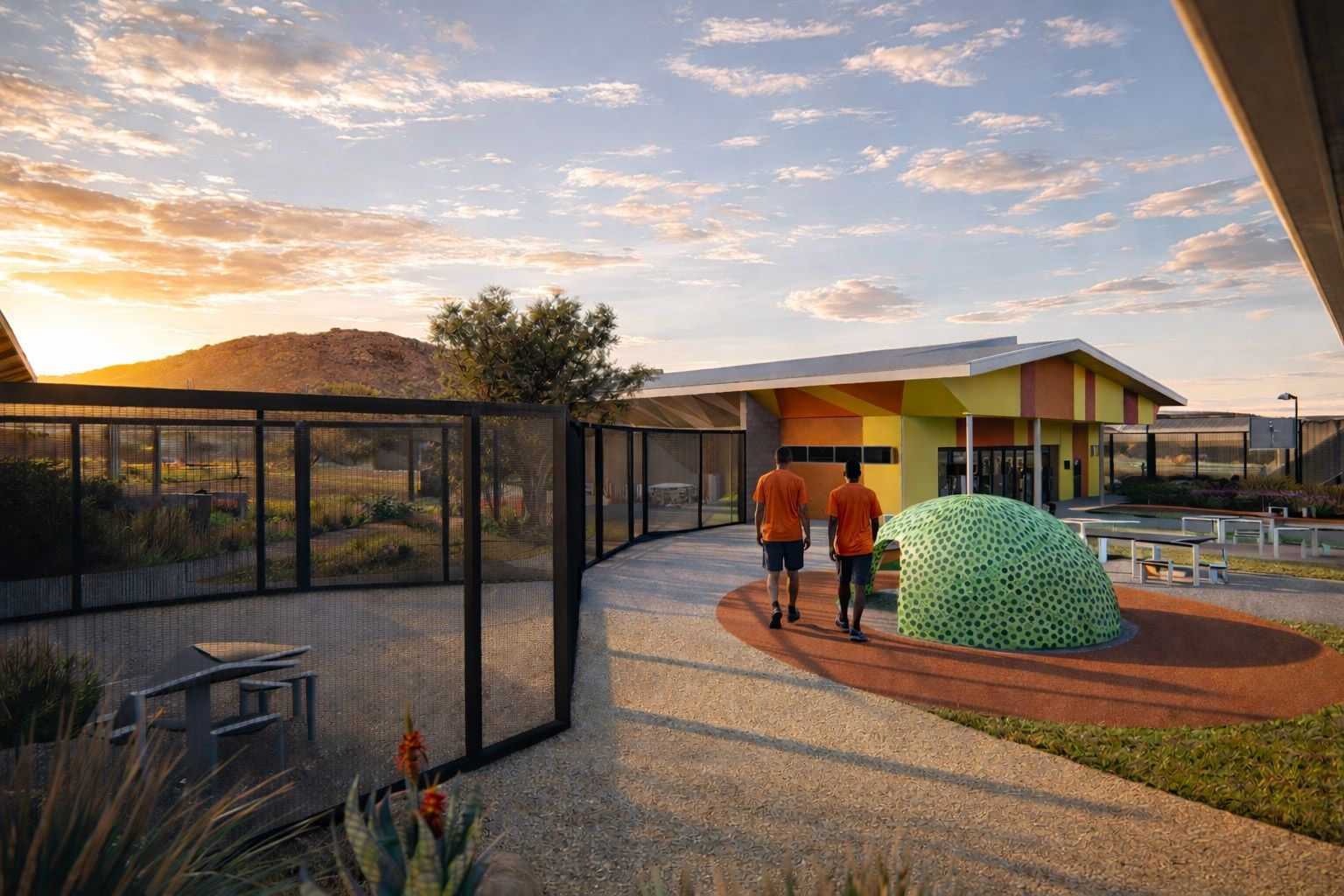 Two people walk on a gravel path near a dome-shaped structure and a modern building at sunrise.