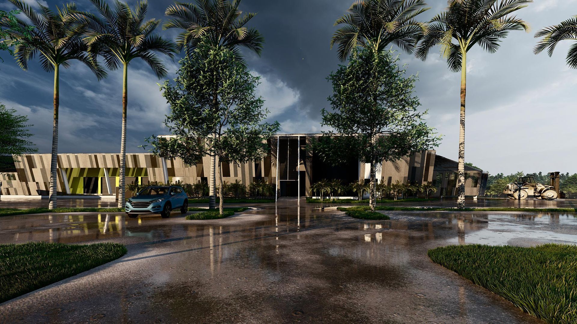 A modern, single-story building under a stormy sky, with tall palm trees, wet pavement, and a blue car parked in front.