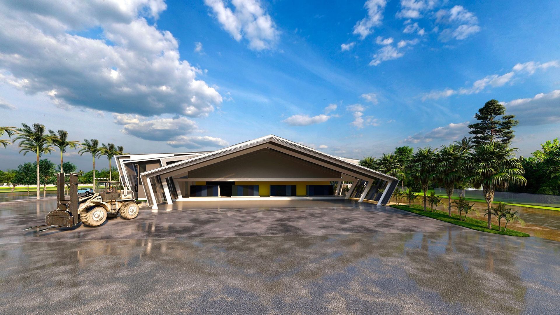 A wide-angle shot of a modern building with a large, angular roof, parked forklift, and wet ground under a blue sky.