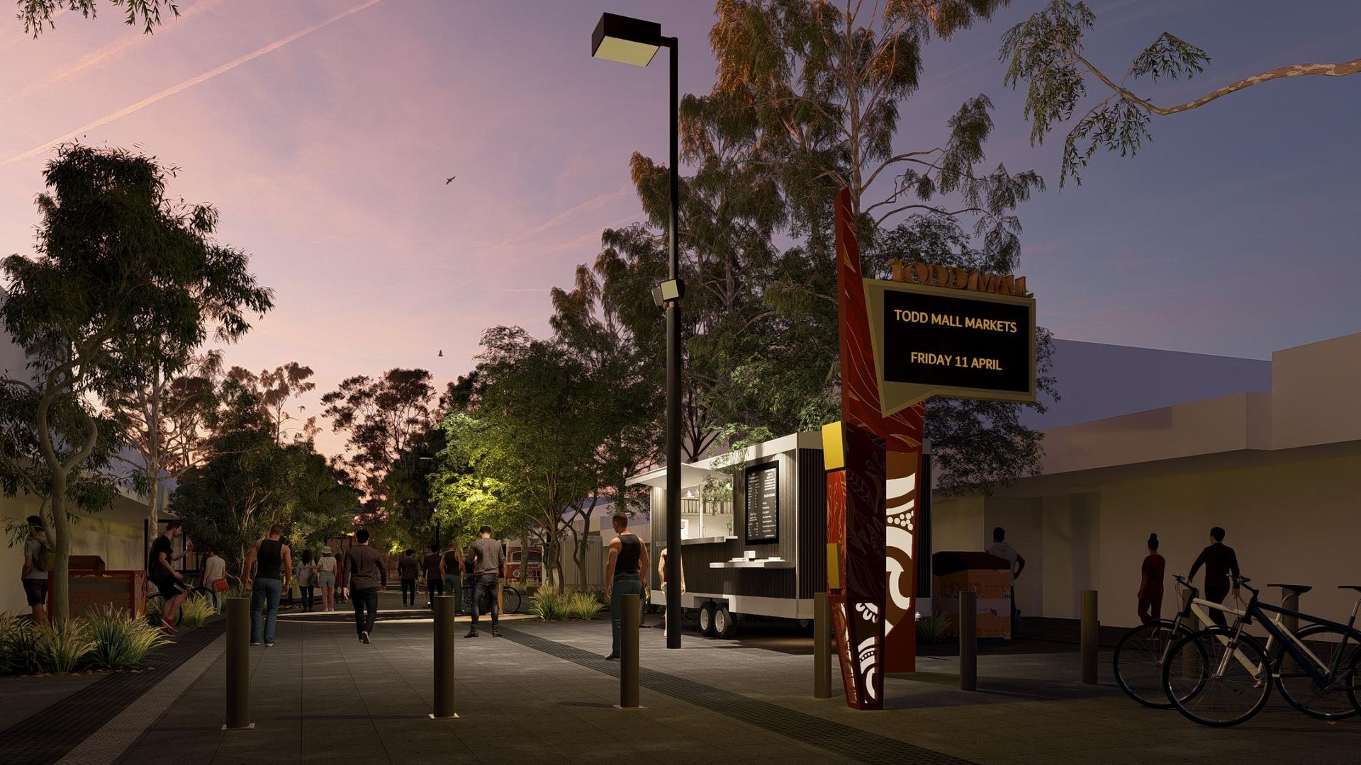An architectural rendering of a pedestrian path lined with trees, modern lighting, and people walking in a city setting.
