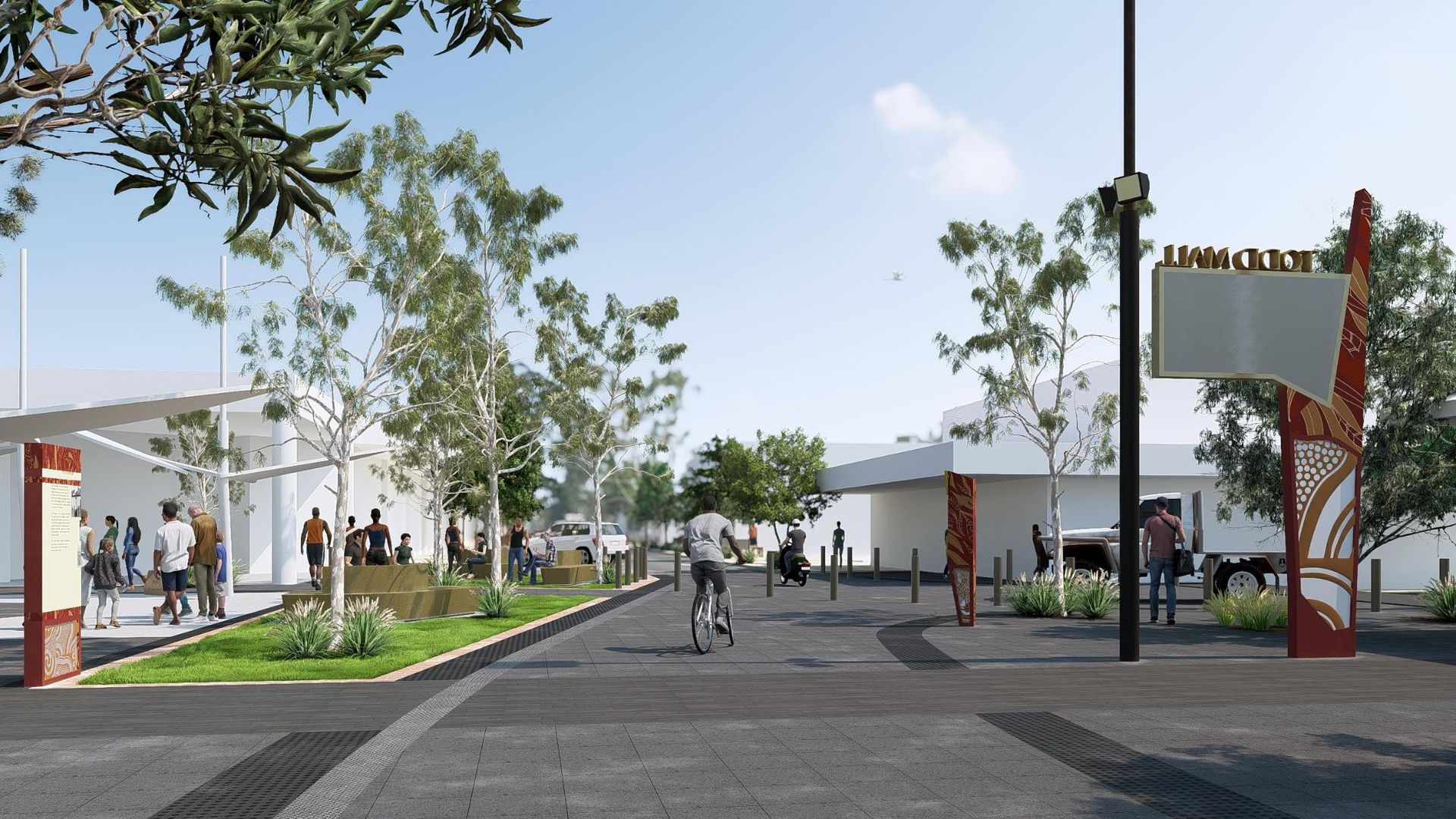 A digital rendering of three tree-like sculptures with patterned blue canopies in front of a white wall in a plaza.