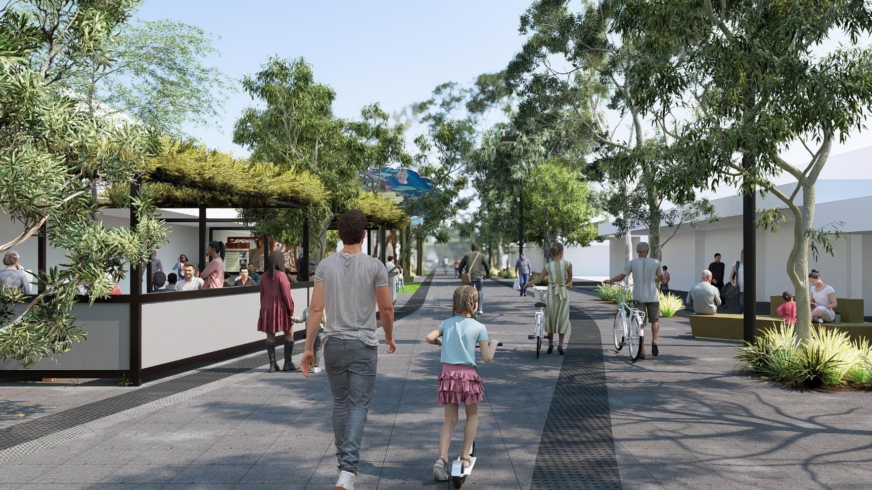 An architectural rendering of a pedestrian walkway featuring stylized, tree-shaped metal structures and a leafy trellis.
