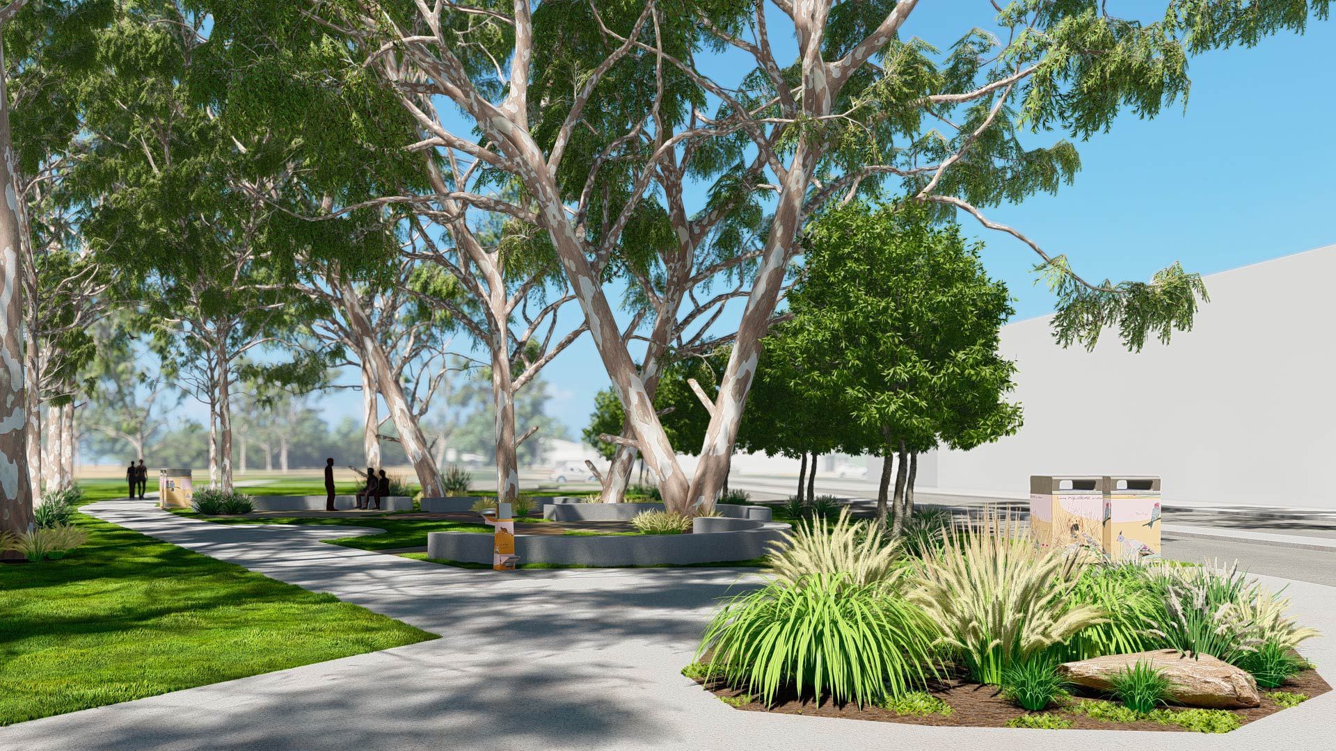 A digital rendering of a park pathway lined with trees, landscaped garden beds, and gray stone benches under a blue sky.