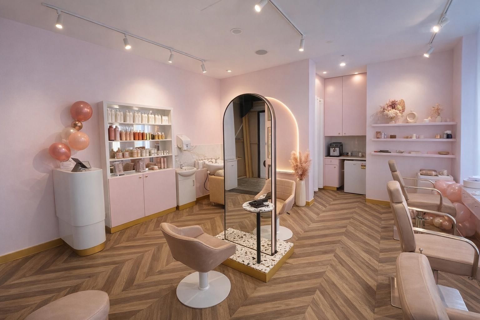 Modern, pink-themed hair salon interior with a central arched mirror, styling chairs, and shelving on wooden floors.