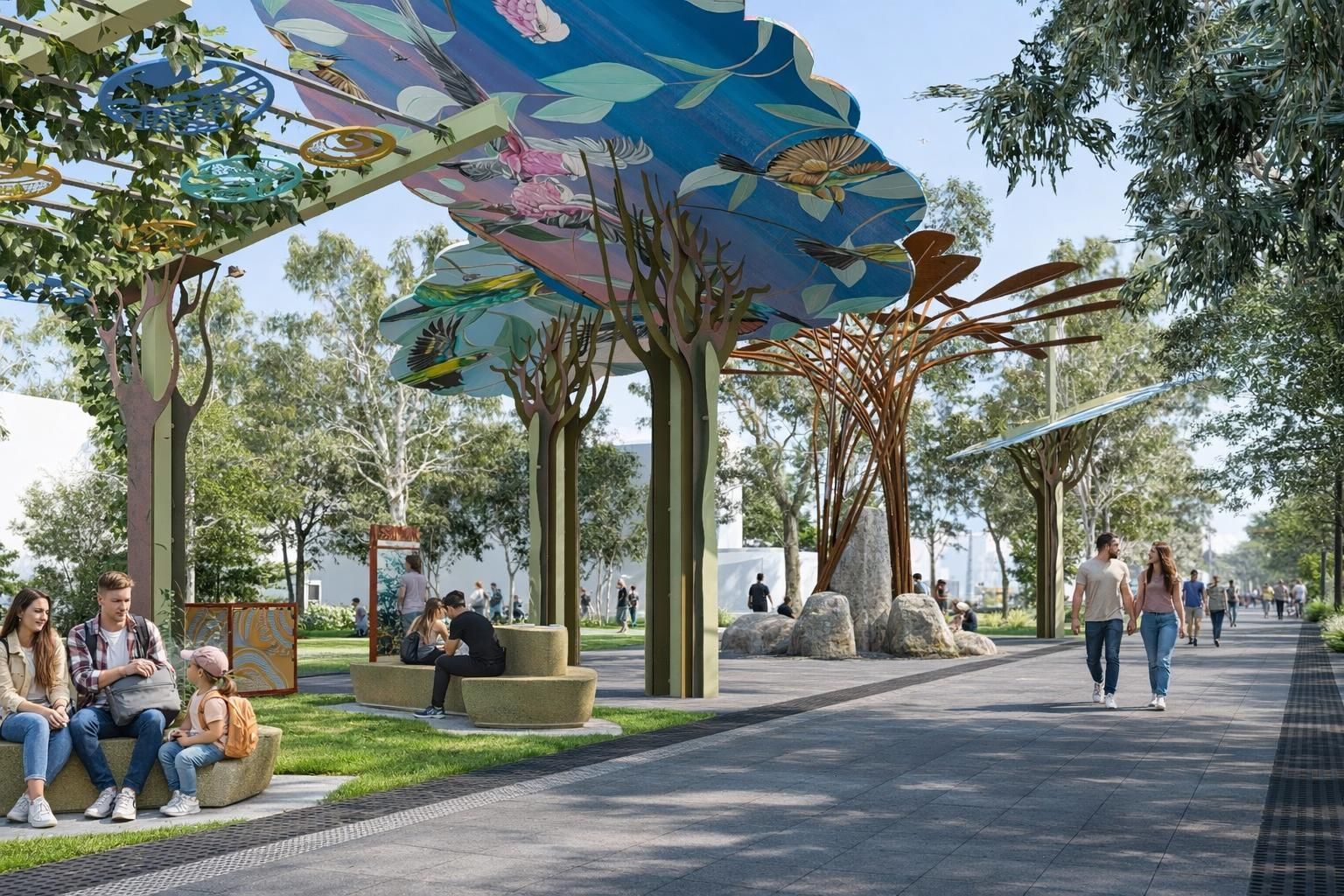 A digital rendering of a landscaped park walkway featuring a shaded arbor, mature trees, and nearby parked cars.