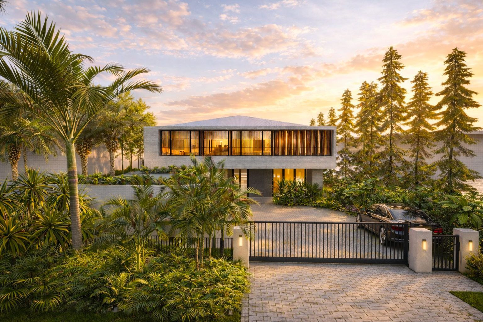 A modern two-story home with glowing floor-to-ceiling windows, a gated driveway, and lush landscaping at sunset.