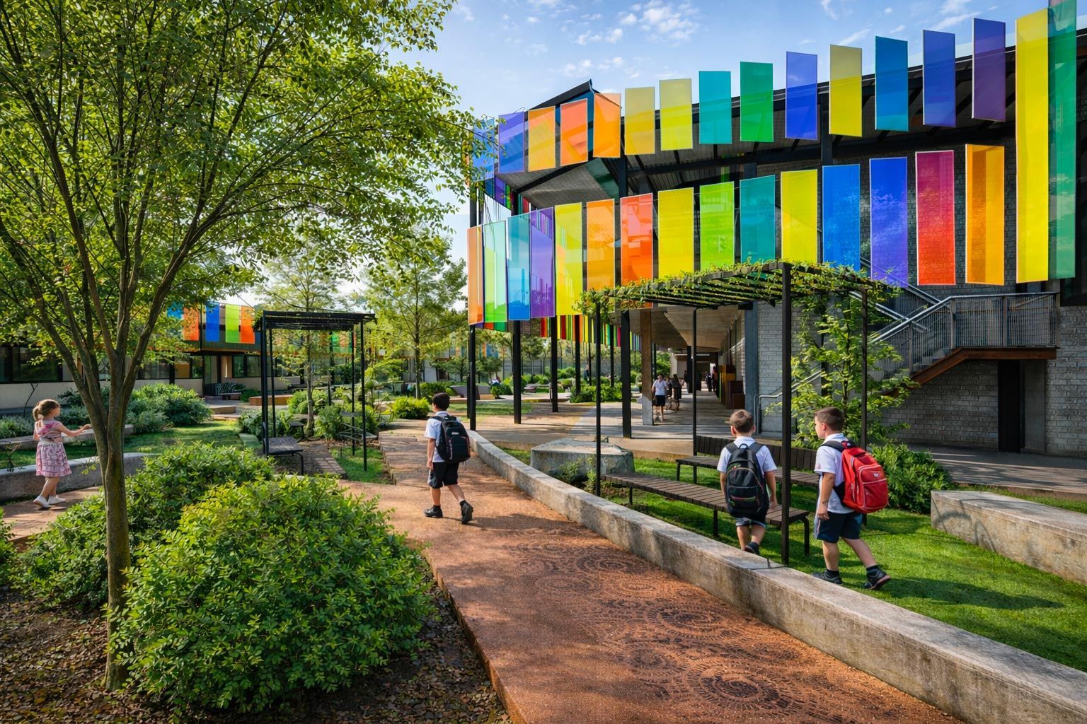 Students walk on a path next to a building with colorful glass fins, surrounded by trees and greenery in a park setting.