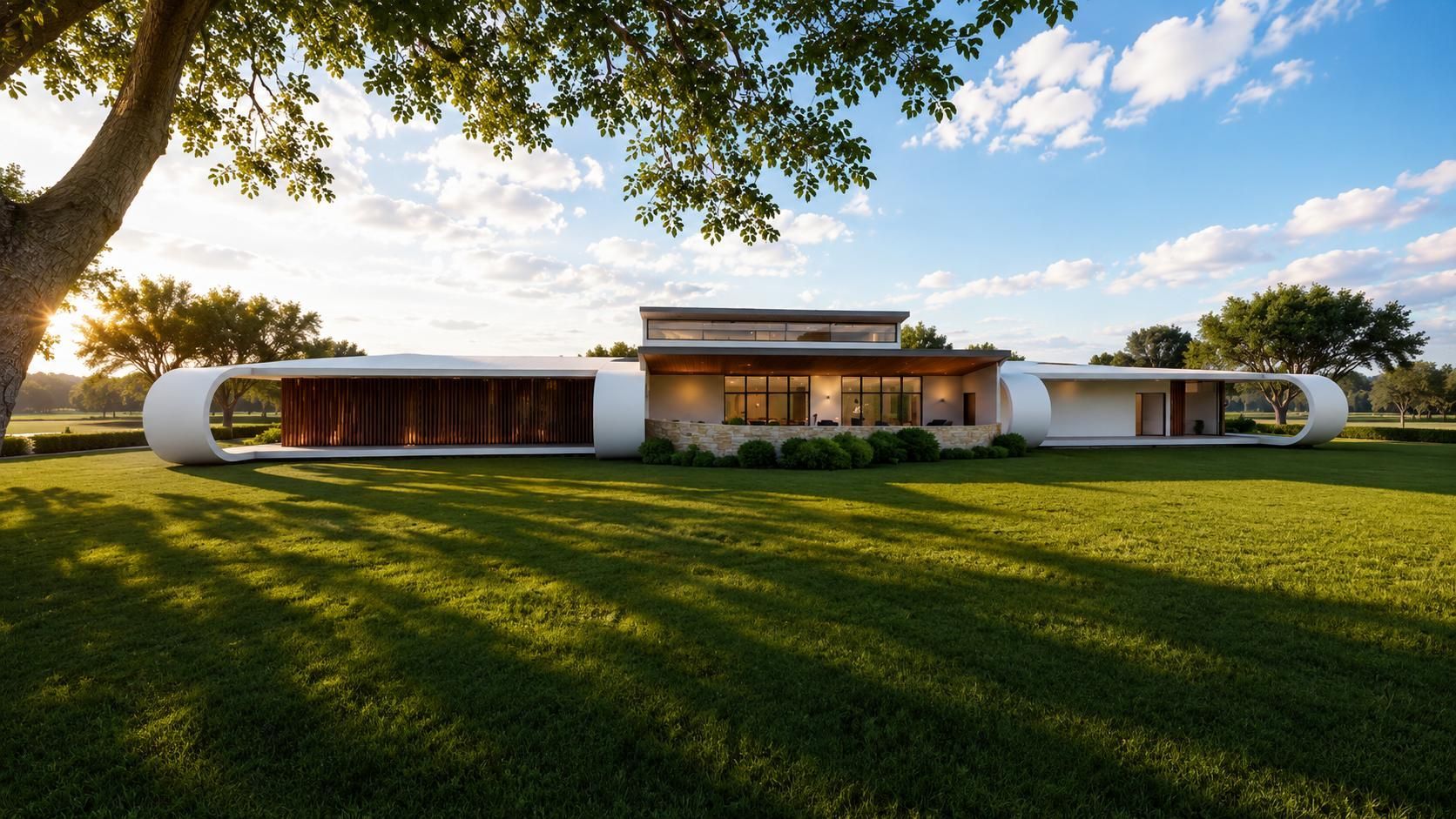 A long, modern white home with curved exterior walls and glass windows sits on a expansive, sunny green lawn.
