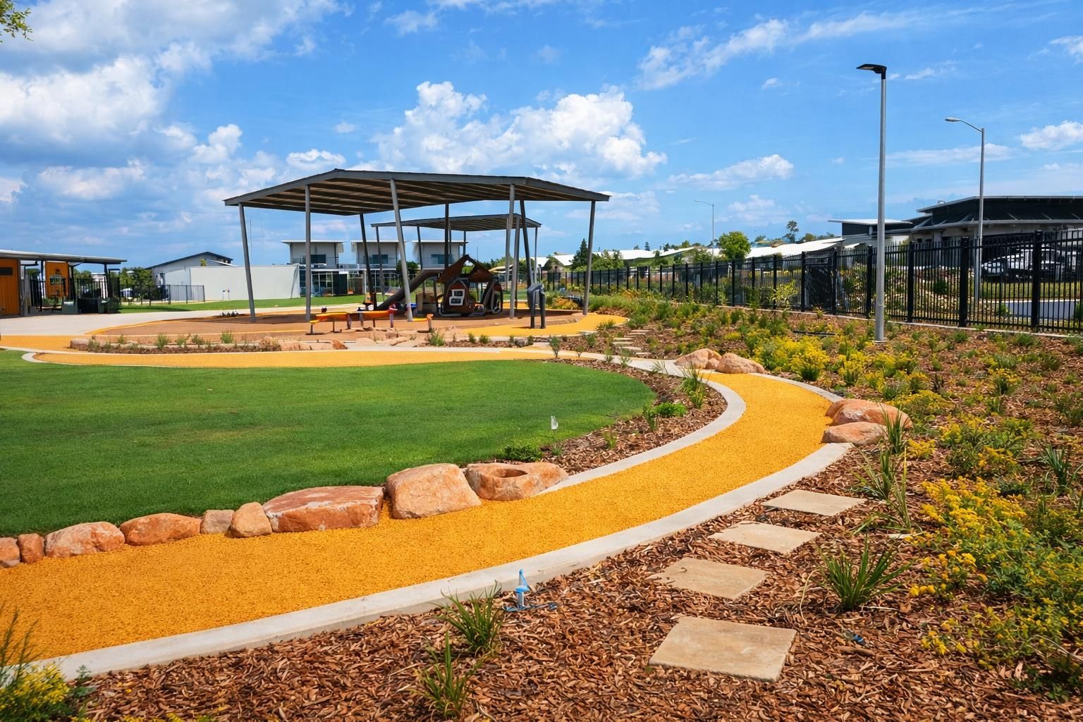 A modern outdoor park with a central green lawn, a covered playground, and a curved orange gravel path with stone pavers.