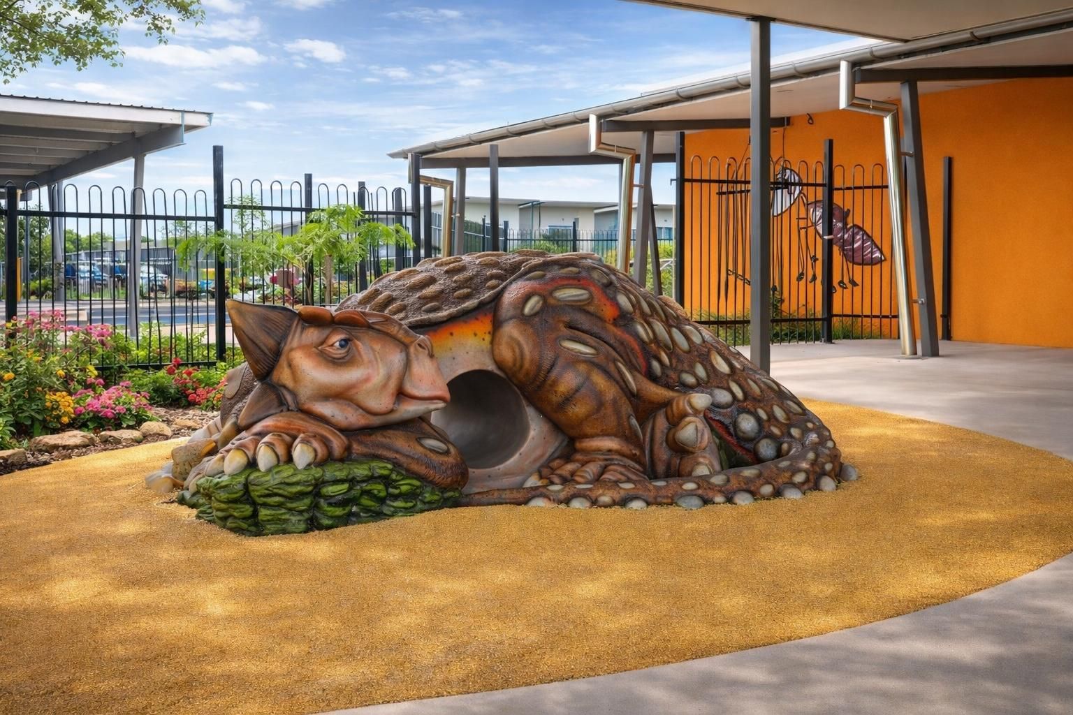 A large, brown, sculpted turtle play structure with a crawl-through tunnel, set on a yellow rubber playground surface.