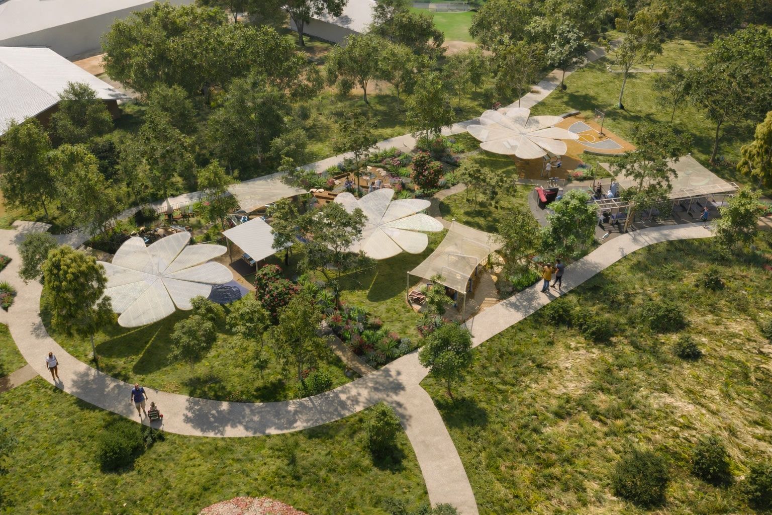 An aerial view of a park with paved winding paths, green trees, and large, petal-shaped white shade structures.