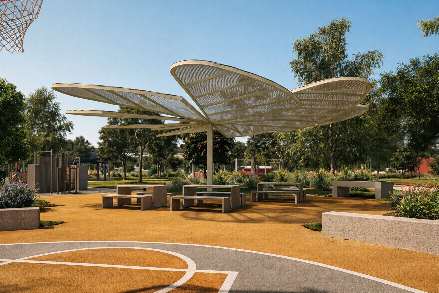 A large, white, petal-shaped shade structure over benches in a public park, next to a basketball court.