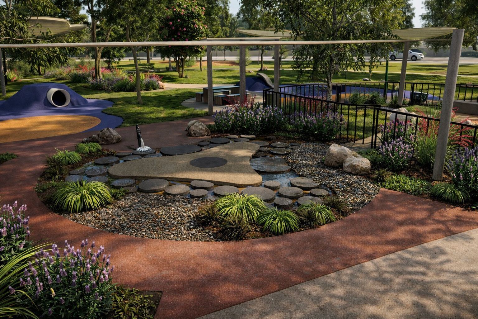 A park landscape with a circular rock-lined water feature, stepping stones, and a purple tunnel-shaped playground structure.