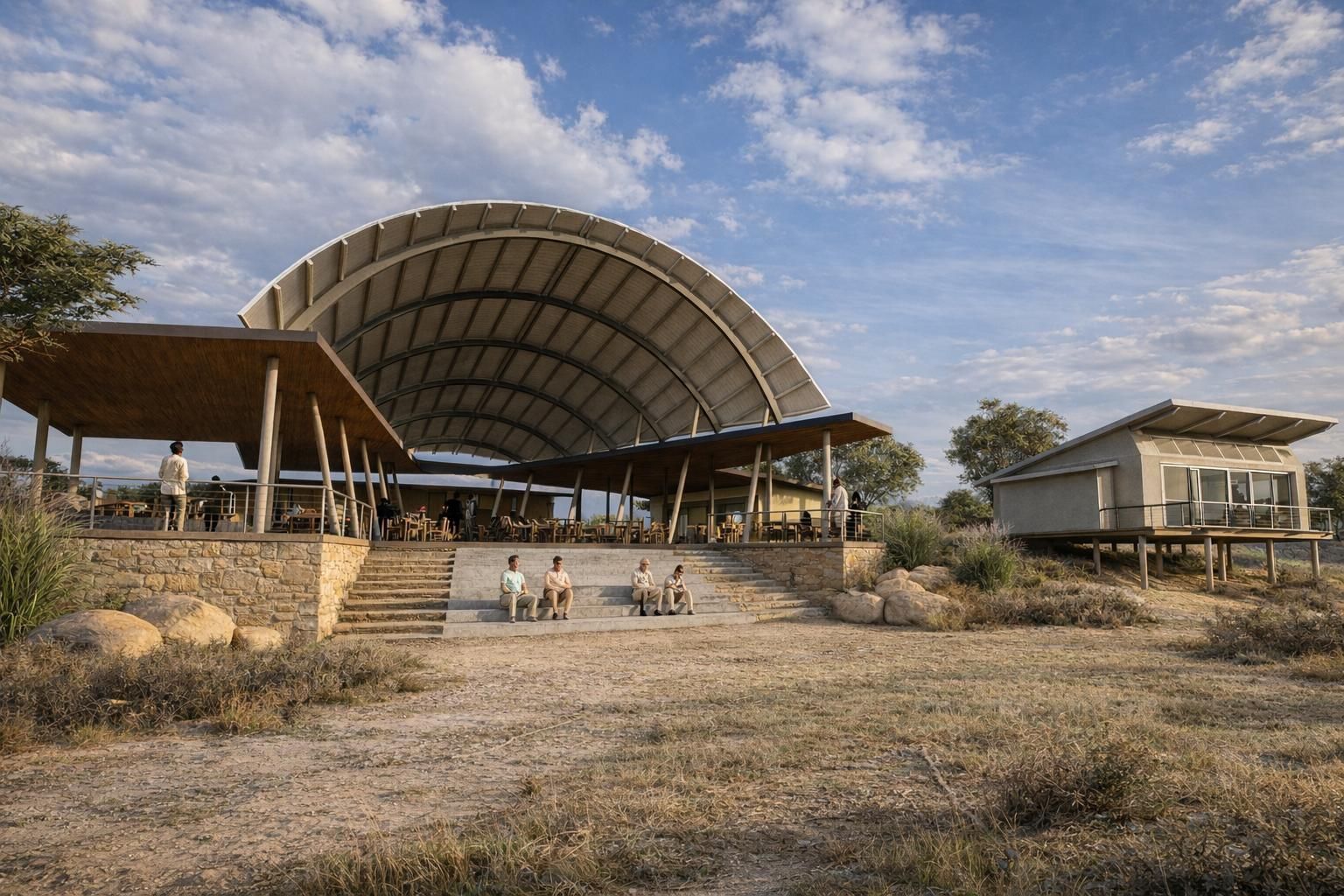 An open-air amphitheater with a curved roof stands in a dry, desert-like landscape under a blue sky.