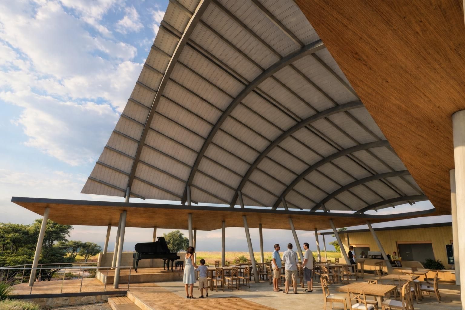 A large, curved-roof open-air pavilion hosts a social gathering with a grand piano on a stage overlooking a field.
