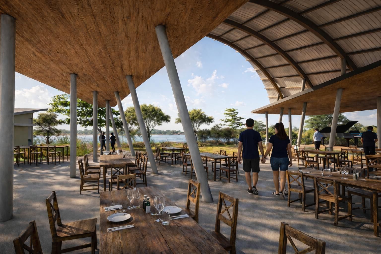 A couple walks through a spacious, open-air restaurant with a curved wooden roof, sloped columns, and views of a lake.