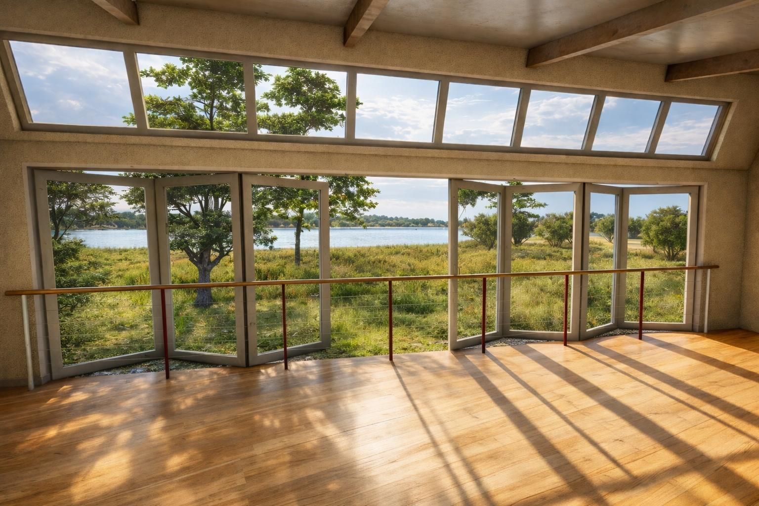 A bright, airy room with wood floors and a long ballet barre, featuring floor-to-ceiling windows overlooking a grassy field.