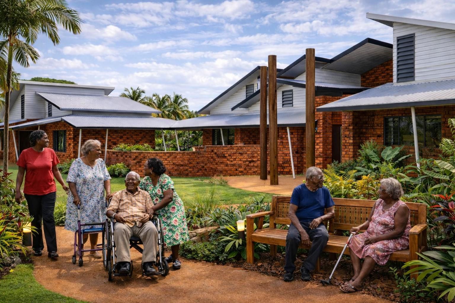 A white building with wooden privacy screens under a corrugated metal awning, surrounded by green shrubs.