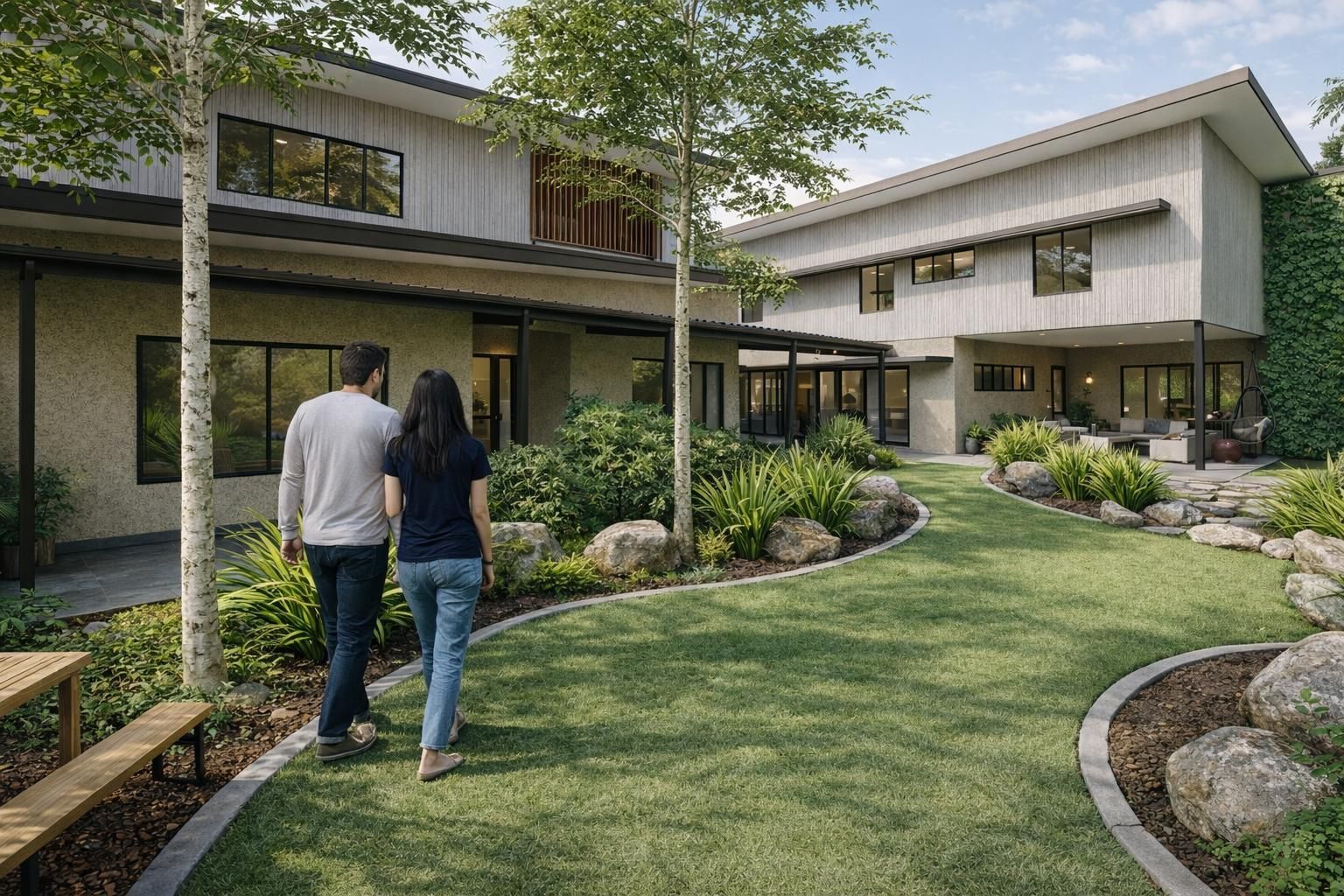A white building with wooden privacy screens under a corrugated metal awning, surrounded by green shrubs.
