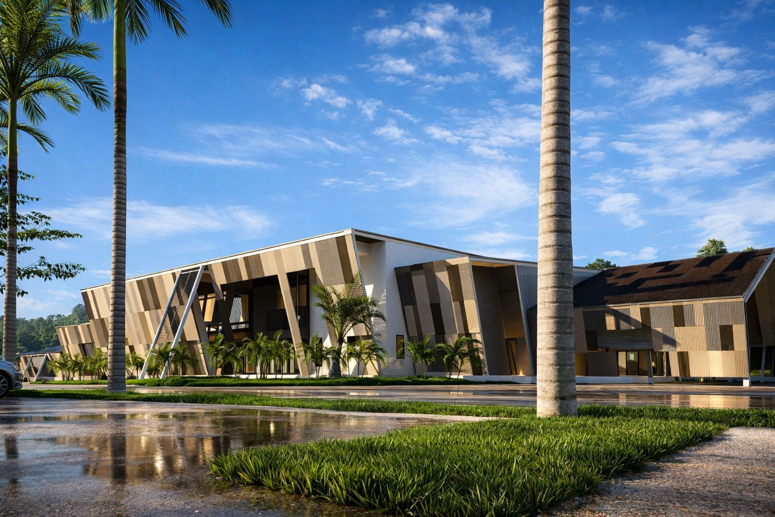 A modern, low-rise building with angled wooden facade panels under a bright blue sky, surrounded by palm trees and grass.