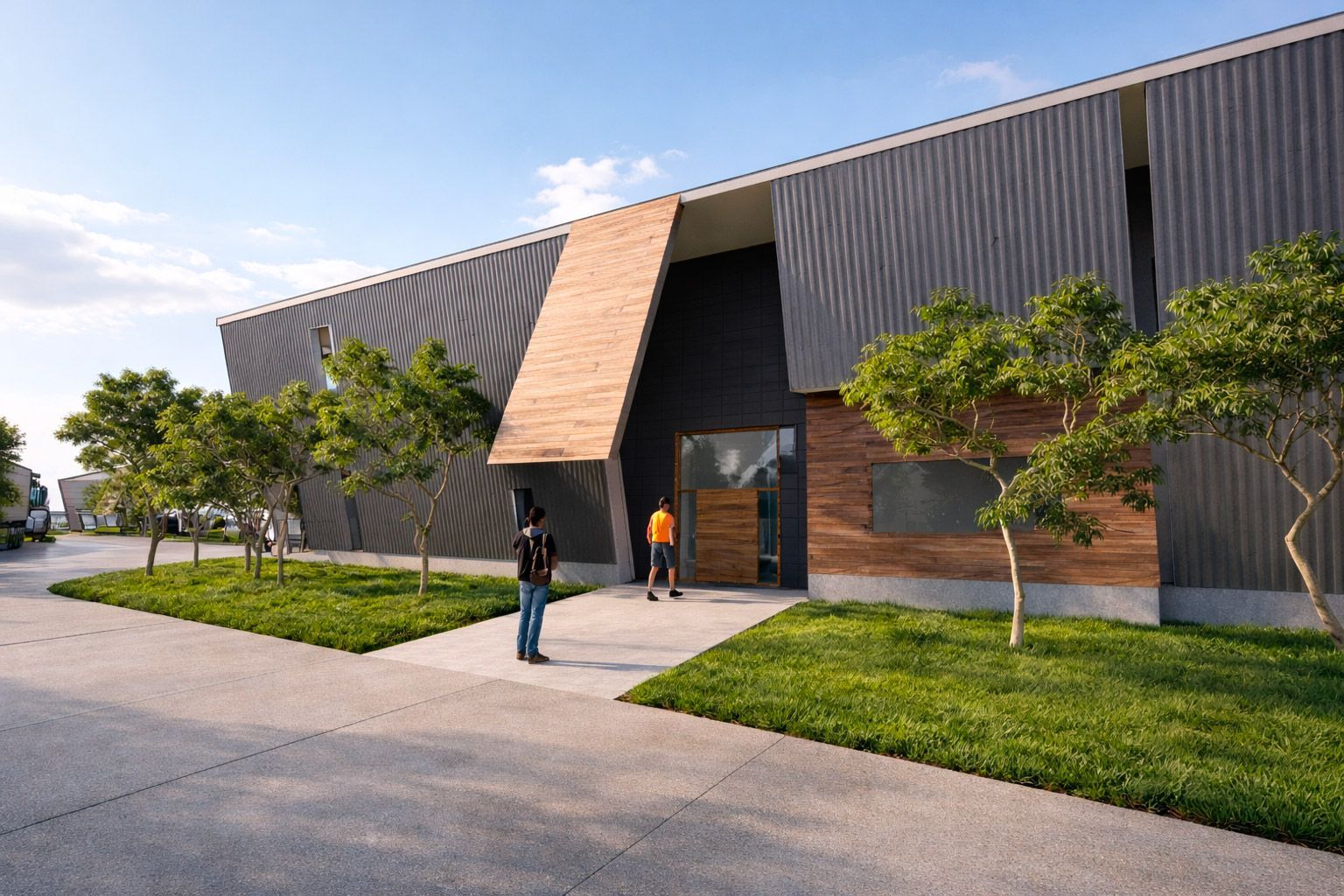 Modern industrial-style building entrance with gray metal siding, a slanted wood-paneled accent, and two people walking.