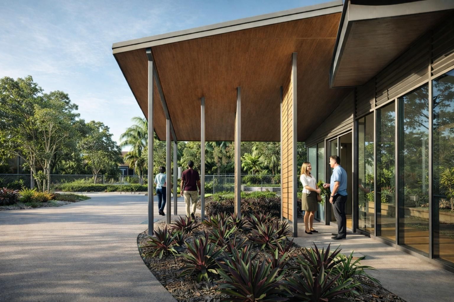 People stand near the glass-walled entrance of a modern building with a wide, angled wooden roof and lush landscaping.