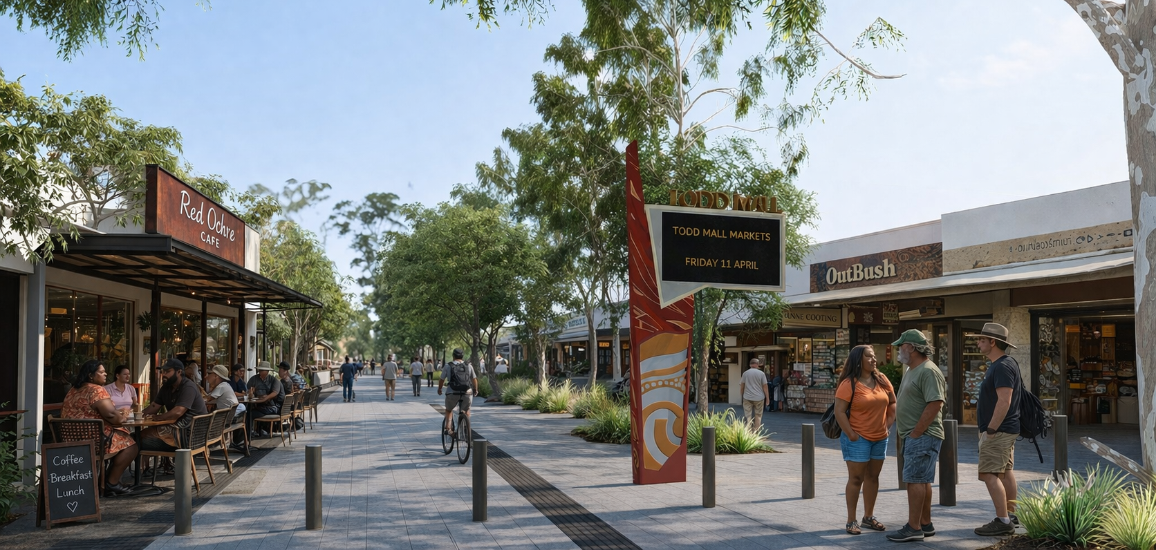 A paved outdoor walkway lined with stylized, multi-colored tree sculptures, leafy pergolas, benches, and information signs.