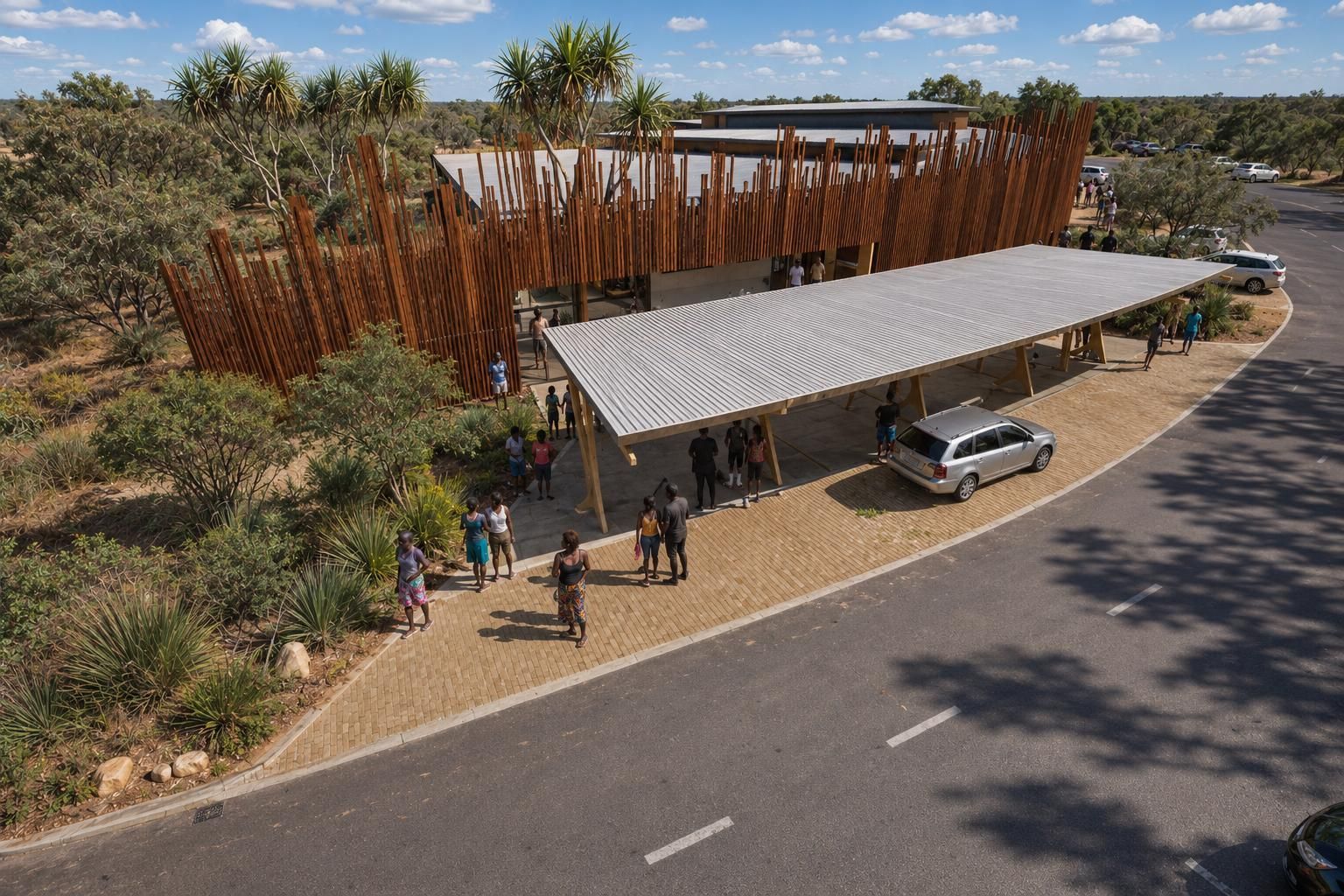 A modern visitor center with a jagged, rust-colored metal facade, a gravel path, a parking canopy, and desert landscaping.