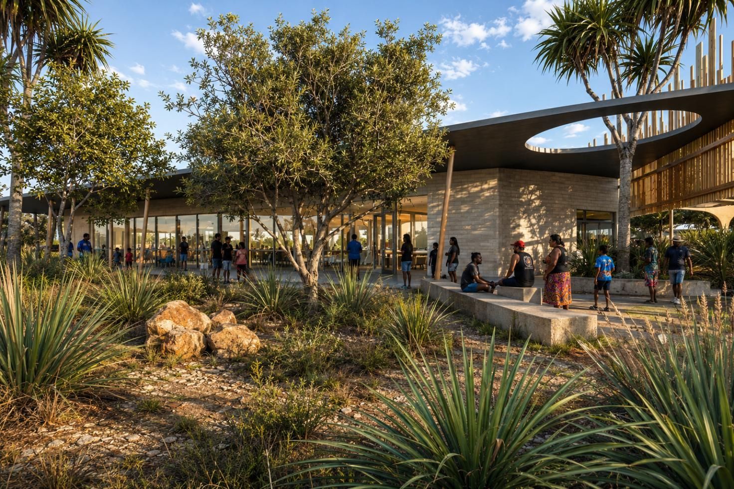 A modern building with a large circular roof opening surrounded by desert landscaping and people walking outside.