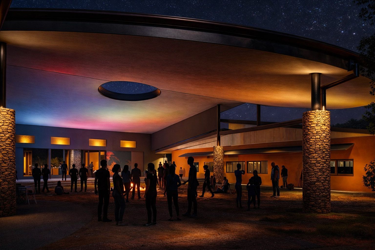 People stand in a circle under a large, modern canopy at night, illuminated by soft lighting and a colorful light display.