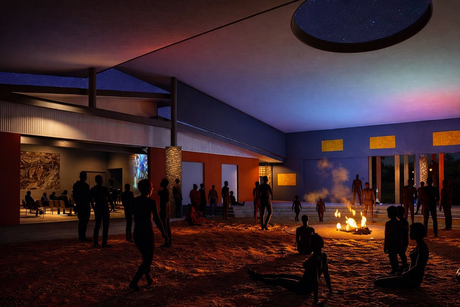 Silhouetted people gather around a central campfire under a large, modern roof with a circular skylight.