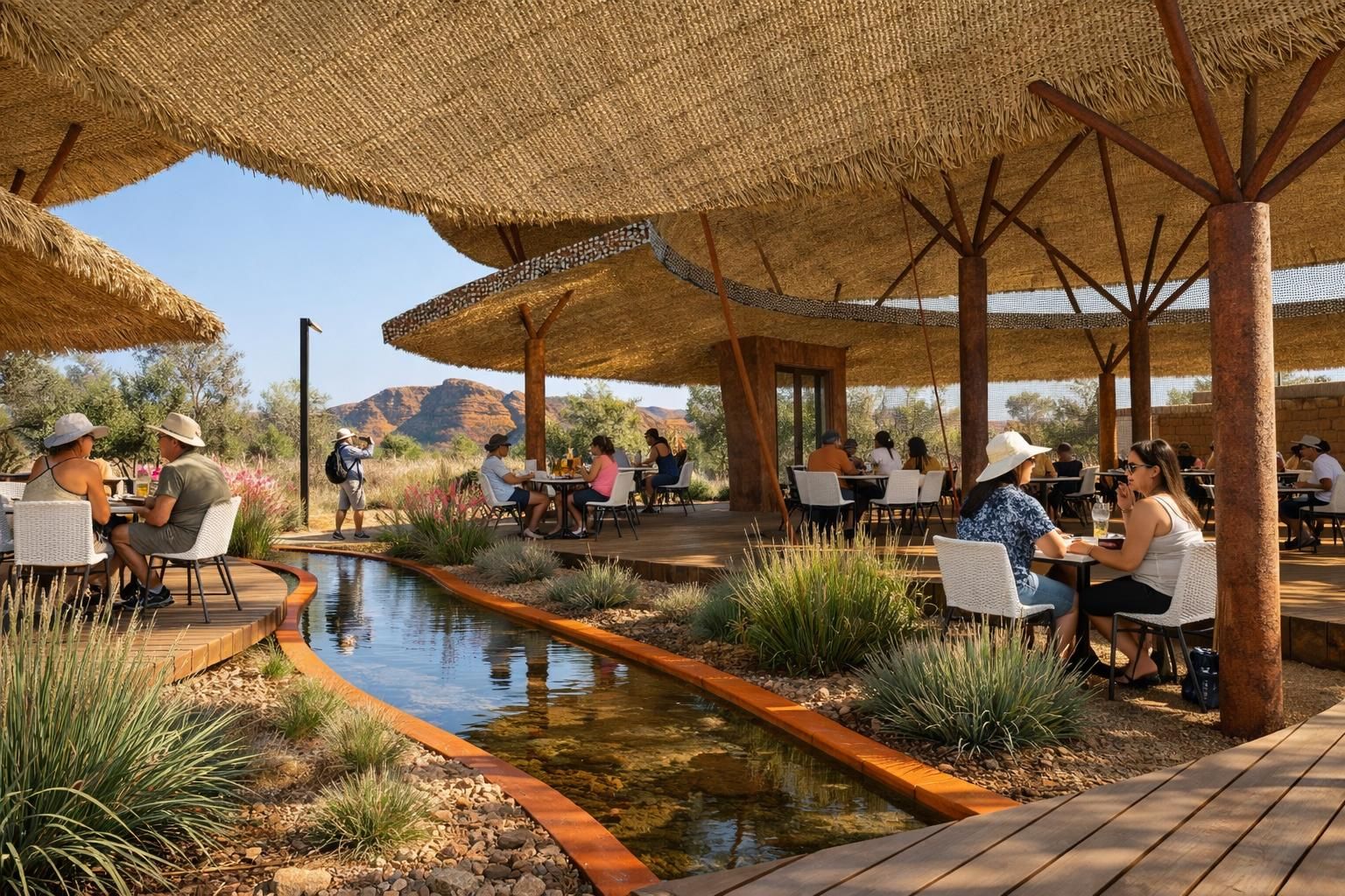 People sit at tables under a large thatched roof canopy by a narrow water feature in an arid, outdoor desert landscape.