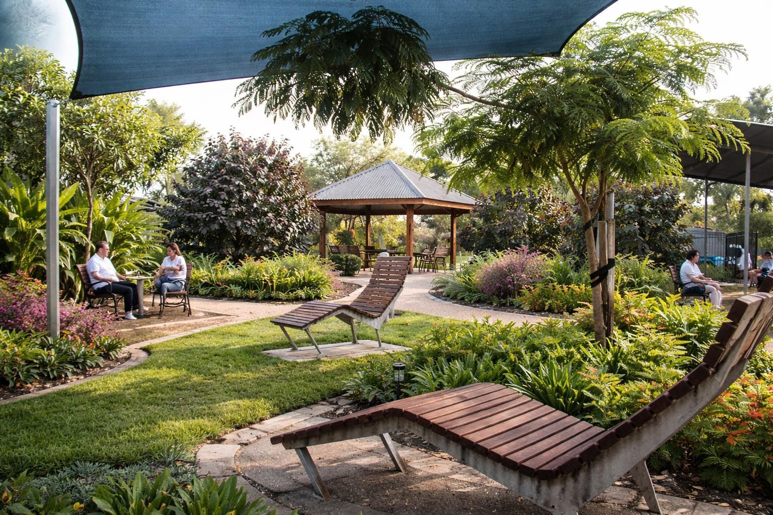 A peaceful garden with lounge chairs, a wooden gazebo, and people relaxing under a large shade sail.