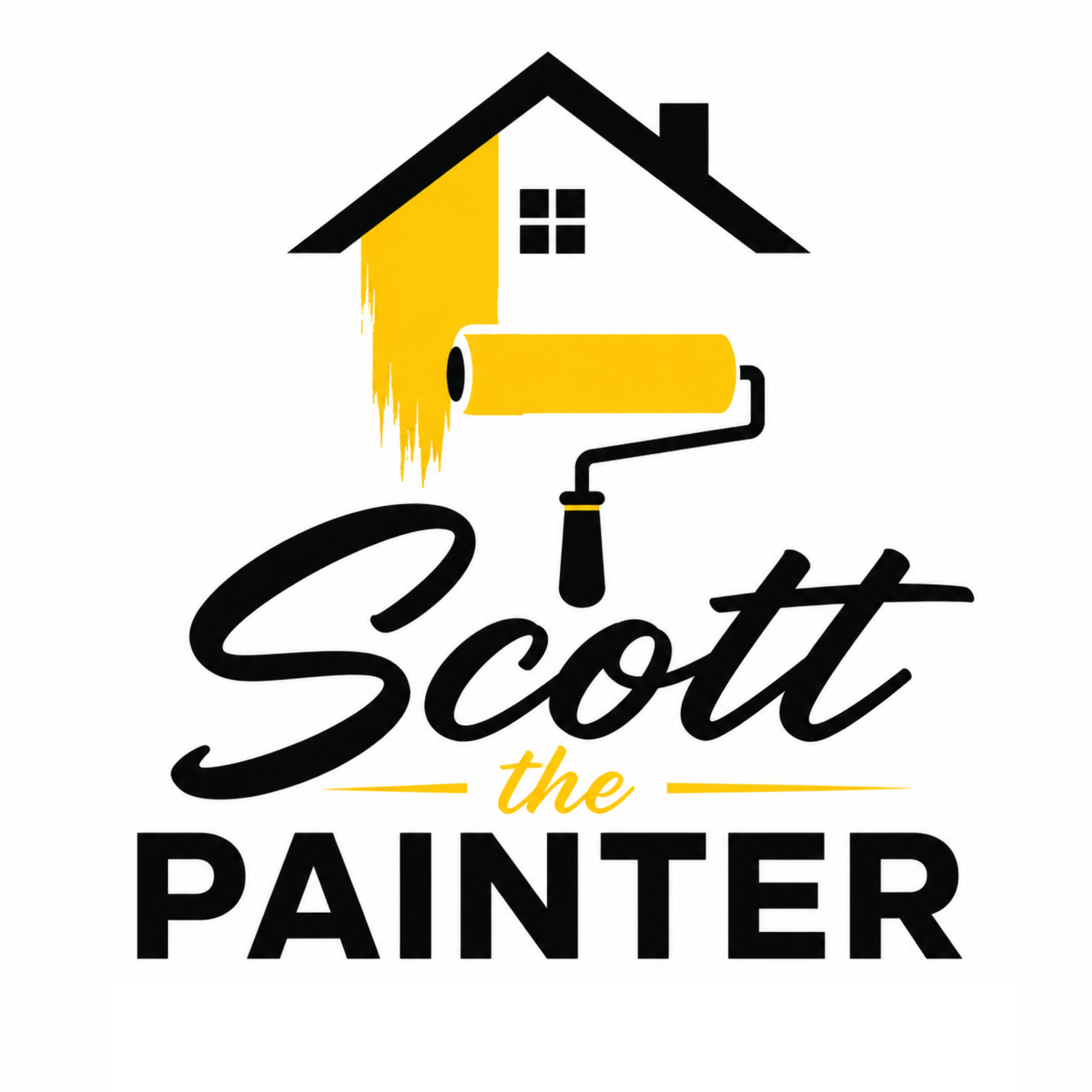 Scott the Painter logo with house, yellow paint roller, and black script text