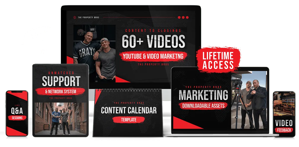 Marketing bundle graphic showing laptop, booklets, and badges with “60+ videos,” “lifetime access,” and “content calendar”