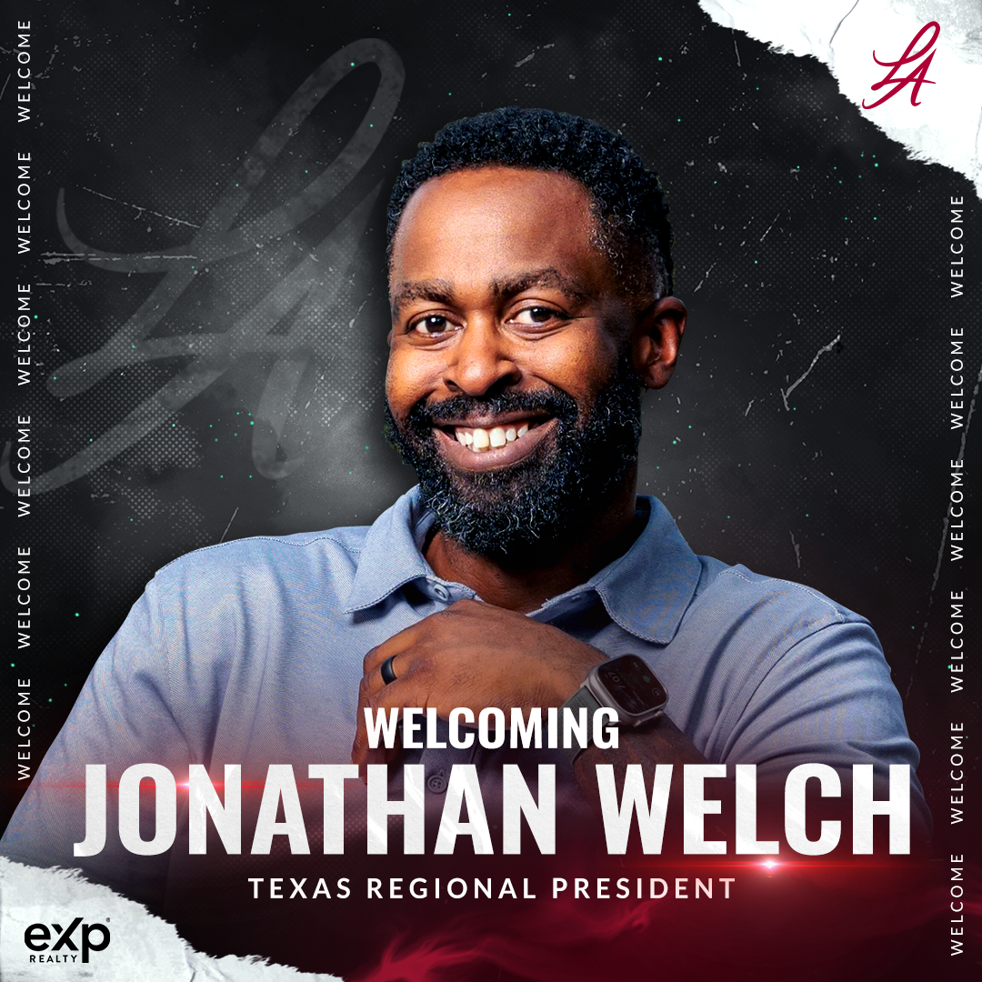 Welcoming Jonathan Welch, Texas Regional President, smiling on a dark promotional banner.