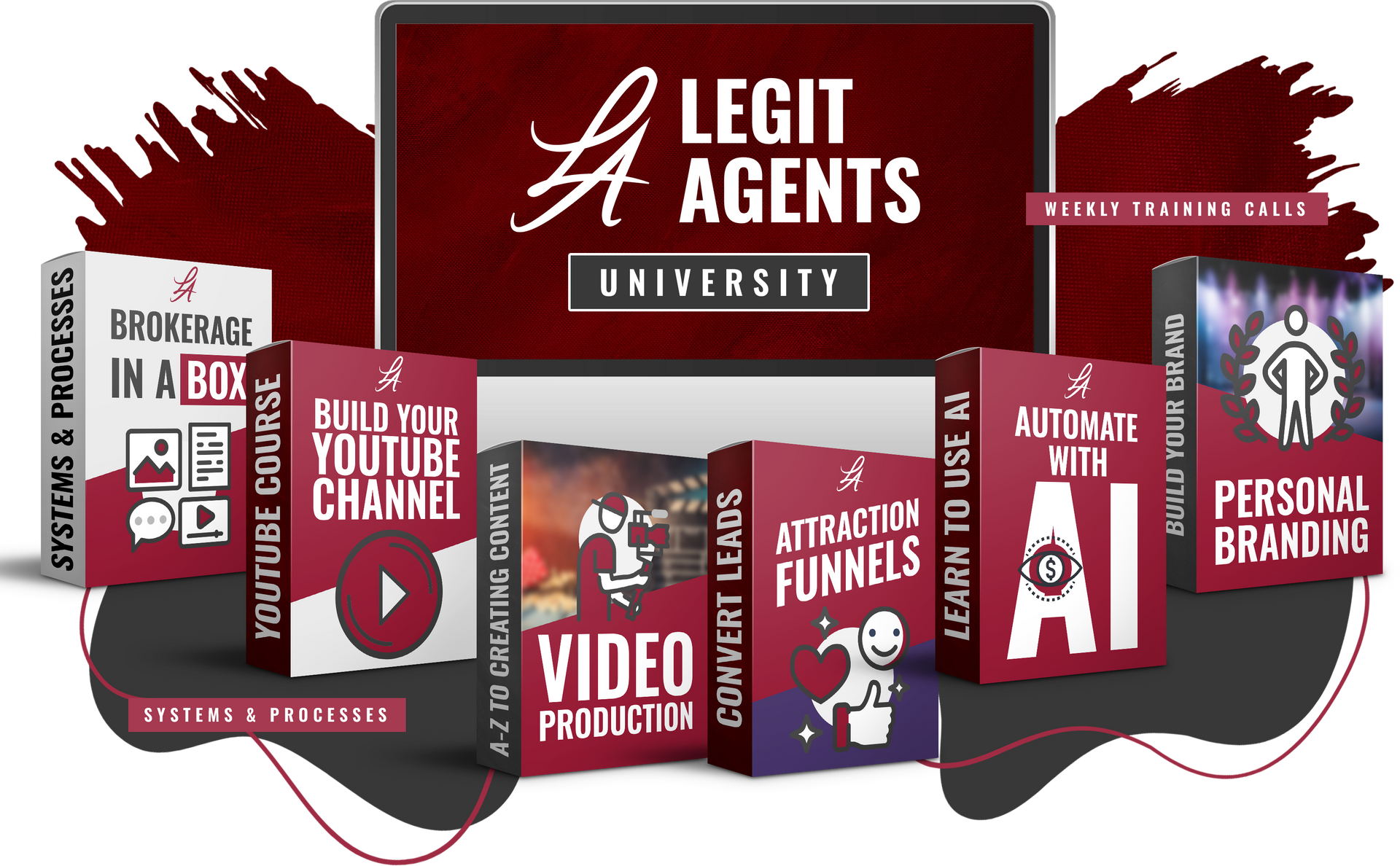 Promotional graphic for Legit AI Agents University with books on branding, video production, YouTube, and affiliate marketing