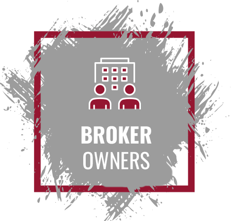 Broker Owners logo with maroon border, gray background, building icon, and white text